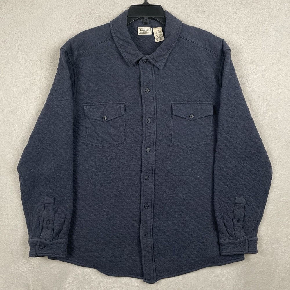 LL Bean Quilted Shirt Mens XL Blue Shacket Flap Pockets Button Up Flannel Winter